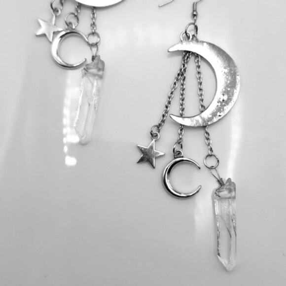 Silver Crescent Moon Clear Crystal Earrings - Picture 3 of 4